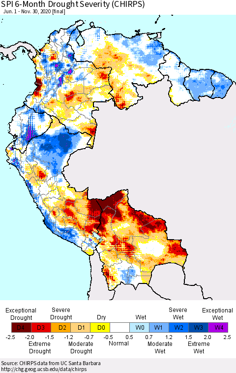 Northern South America SPI 6-Month Drought Severity (CHIRPS) Thematic Map For 6/1/2020 - 11/30/2020