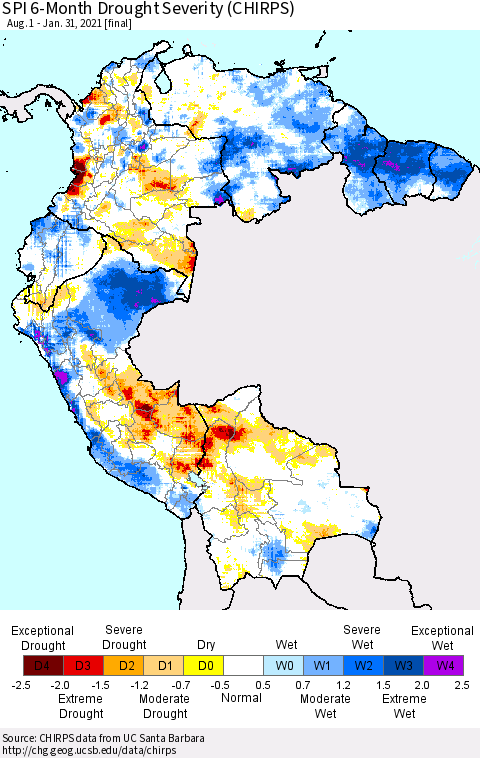 Northern South America SPI 6-Month Drought Severity (CHIRPS) Thematic Map For 8/1/2020 - 1/31/2021