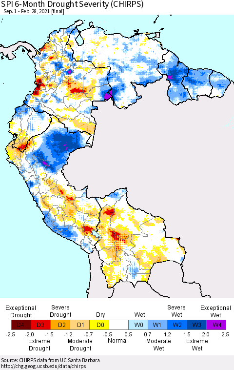 Northern South America SPI 6-Month Drought Severity (CHIRPS) Thematic Map For 9/1/2020 - 2/28/2021