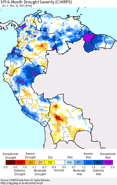 Northern South America SPI 6-Month Drought Severity (CHIRPS) Thematic Map For 10/1/2020 - 3/31/2021