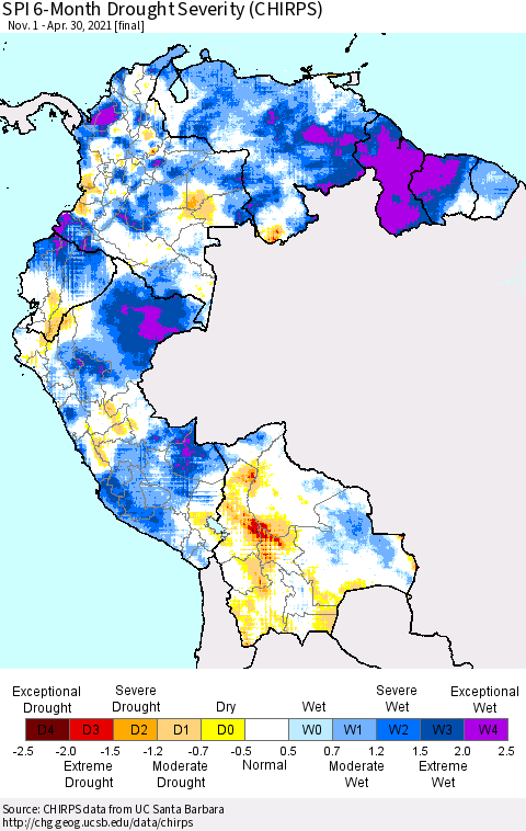Northern South America SPI 6-Month Drought Severity (CHIRPS) Thematic Map For 11/1/2020 - 4/30/2021