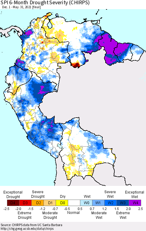 Northern South America SPI 6-Month Drought Severity (CHIRPS) Thematic Map For 12/1/2020 - 5/31/2021