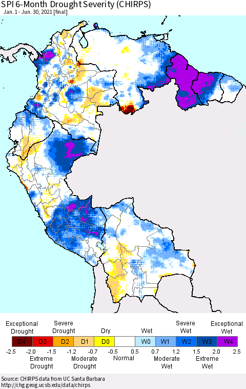 Northern South America SPI 6-Month Drought Severity (CHIRPS) Thematic Map For 1/1/2021 - 6/30/2021