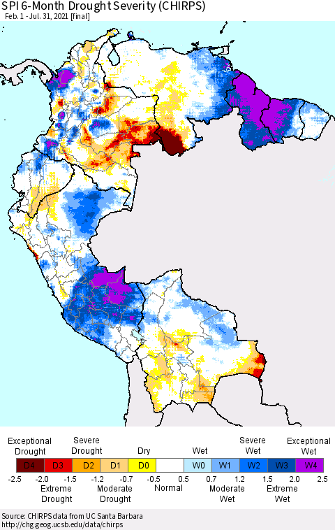 Northern South America SPI 6-Month Drought Severity (CHIRPS) Thematic Map For 2/1/2021 - 7/31/2021