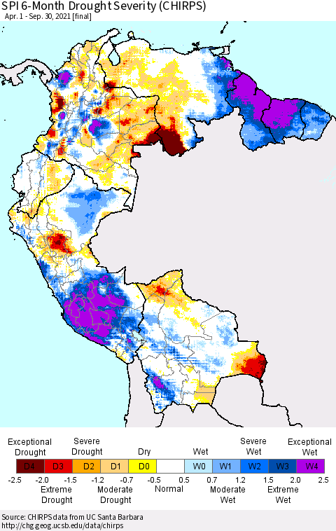 Northern South America SPI 6-Month Drought Severity (CHIRPS) Thematic Map For 4/1/2021 - 9/30/2021