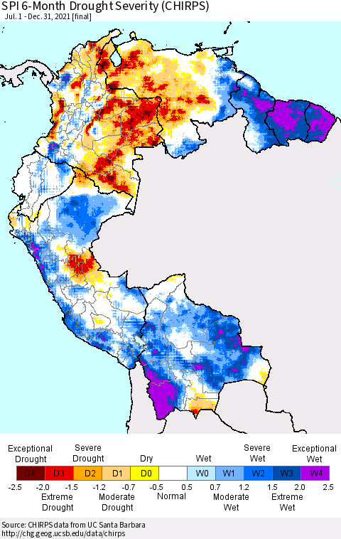 Northern South America SPI 6-Month Drought Severity (CHIRPS) Thematic Map For 7/1/2021 - 12/31/2021