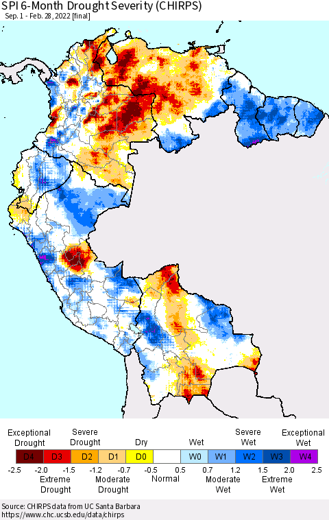 Northern South America SPI 6-Month Drought Severity (CHIRPS) Thematic Map For 9/1/2021 - 2/28/2022