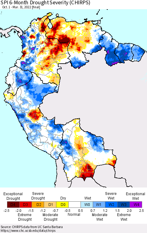 Northern South America SPI 6-Month Drought Severity (CHIRPS) Thematic Map For 10/1/2021 - 3/31/2022