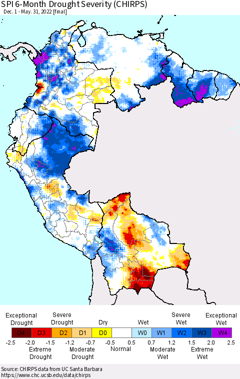 Northern South America SPI 6-Month Drought Severity (CHIRPS) Thematic Map For 12/1/2021 - 5/31/2022