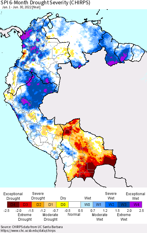 Northern South America SPI 6-Month Drought Severity (CHIRPS) Thematic Map For 1/1/2022 - 6/30/2022