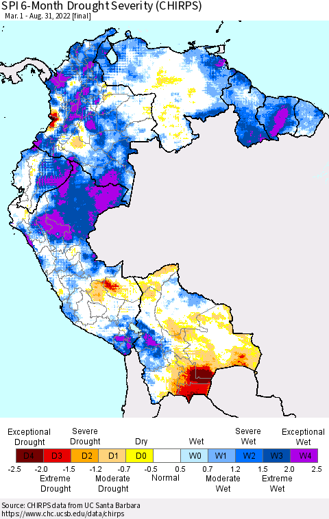 Northern South America SPI 6-Month Drought Severity (CHIRPS) Thematic Map For 3/1/2022 - 8/31/2022