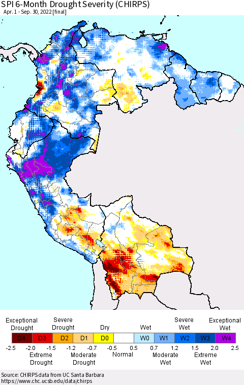 Northern South America SPI 6-Month Drought Severity (CHIRPS) Thematic Map For 4/1/2022 - 9/30/2022