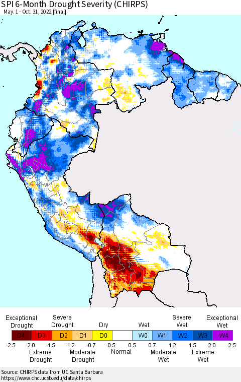 Northern South America SPI 6-Month Drought Severity (CHIRPS) Thematic Map For 5/1/2022 - 10/31/2022