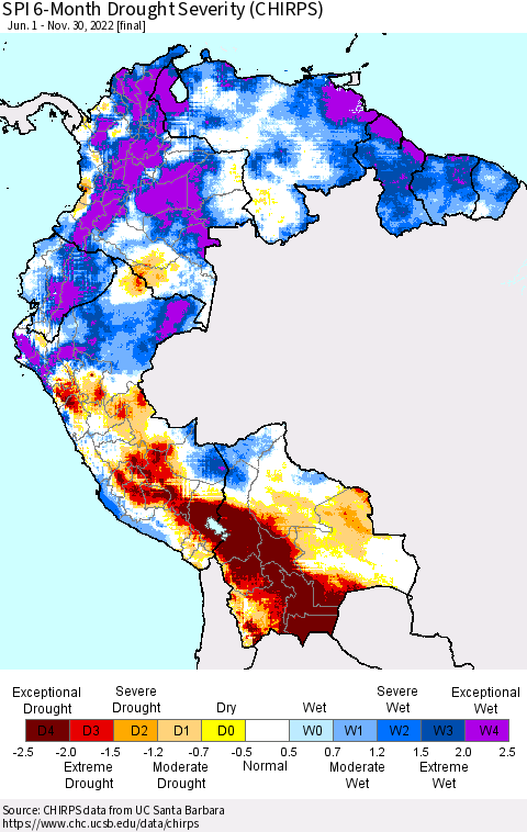 Northern South America SPI 6-Month Drought Severity (CHIRPS) Thematic Map For 6/1/2022 - 11/30/2022