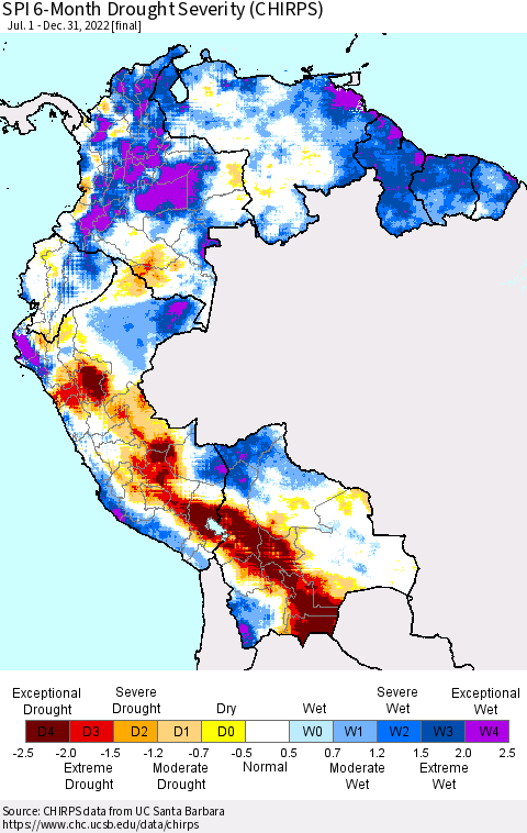 Northern South America SPI 6-Month Drought Severity (CHIRPS) Thematic Map For 7/1/2022 - 12/31/2022