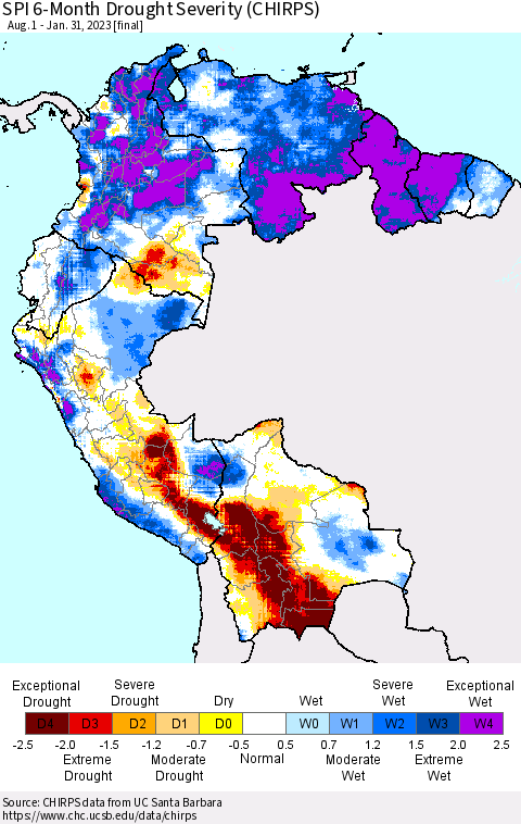 Northern South America SPI 6-Month Drought Severity (CHIRPS) Thematic Map For 8/1/2022 - 1/31/2023