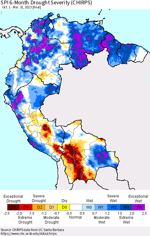 Northern South America SPI 6-Month Drought Severity (CHIRPS) Thematic Map For 10/1/2022 - 3/31/2023