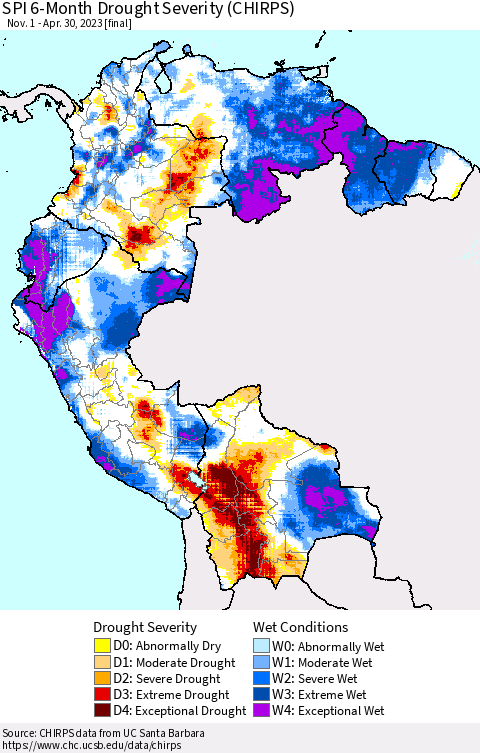 Northern South America SPI 6-Month Drought Severity (CHIRPS) Thematic Map For 11/1/2022 - 4/30/2023