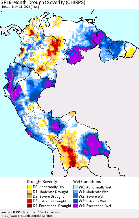 Northern South America SPI 6-Month Drought Severity (CHIRPS) Thematic Map For 12/1/2022 - 5/31/2023