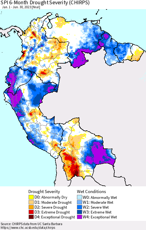 Northern South America SPI 6-Month Drought Severity (CHIRPS) Thematic Map For 1/1/2023 - 6/30/2023