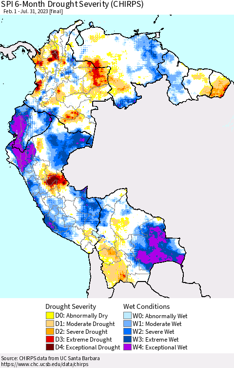 Northern South America SPI 6-Month Drought Severity (CHIRPS) Thematic Map For 2/1/2023 - 7/31/2023