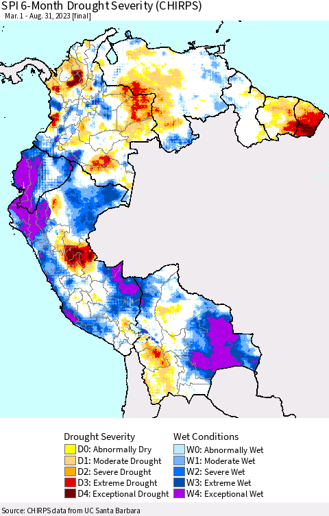 Northern South America SPI 6-Month Drought Severity (CHIRPS) Thematic Map For 3/1/2023 - 8/31/2023