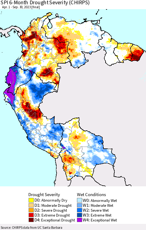Northern South America SPI 6-Month Drought Severity (CHIRPS) Thematic Map For 4/1/2023 - 9/30/2023