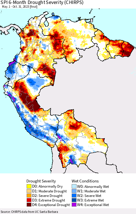 Northern South America SPI 6-Month Drought Severity (CHIRPS) Thematic Map For 5/1/2023 - 10/31/2023