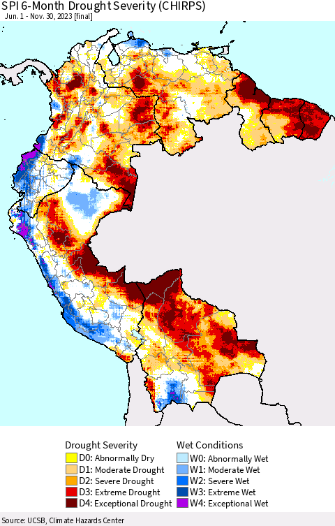 Northern South America SPI 6-Month Drought Severity (CHIRPS) Thematic Map For 6/1/2023 - 11/30/2023