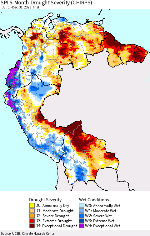 Northern South America SPI 6-Month Drought Severity (CHIRPS) Thematic Map For 7/1/2023 - 12/31/2023