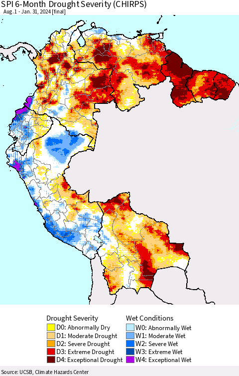 Northern South America SPI 6-Month Drought Severity (CHIRPS) Thematic Map For 8/1/2023 - 1/31/2024