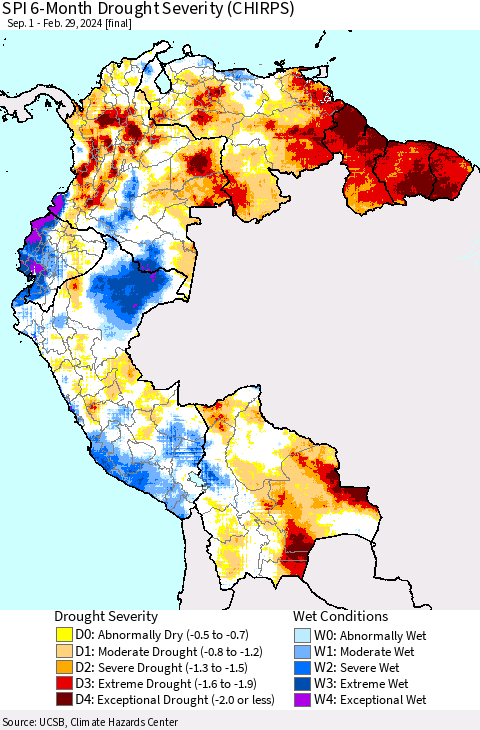 Northern South America SPI 6-Month Drought Severity (CHIRPS) Thematic Map For 9/1/2023 - 2/29/2024