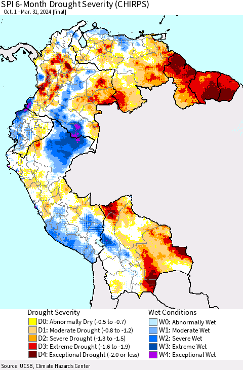 Northern South America SPI 6-Month Drought Severity (CHIRPS) Thematic Map For 10/1/2023 - 3/31/2024