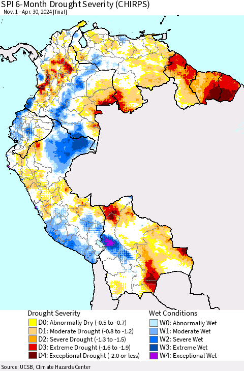 Northern South America SPI 6-Month Drought Severity (CHIRPS) Thematic Map For 11/1/2023 - 4/30/2024