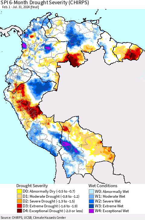 Northern South America SPI 6-Month Drought Severity (CHIRPS) Thematic Map For 2/1/2024 - 7/31/2024