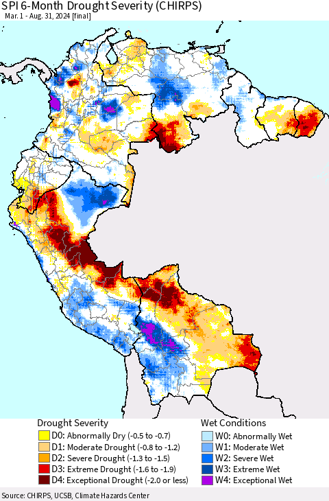 Northern South America SPI 6-Month Drought Severity (CHIRPS) Thematic Map For 3/1/2024 - 8/31/2024