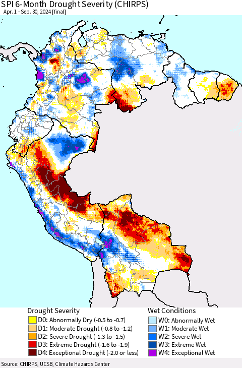 Northern South America SPI 6-Month Drought Severity (CHIRPS) Thematic Map For 4/1/2024 - 9/30/2024