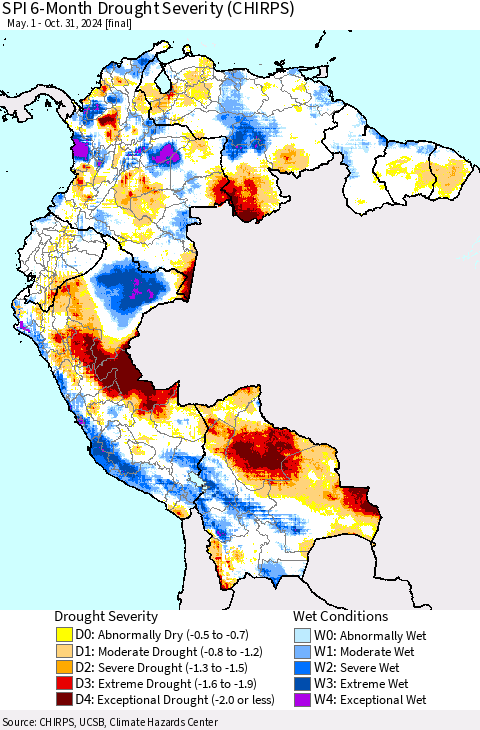 Northern South America SPI 6-Month Drought Severity (CHIRPS) Thematic Map For 5/1/2024 - 10/31/2024