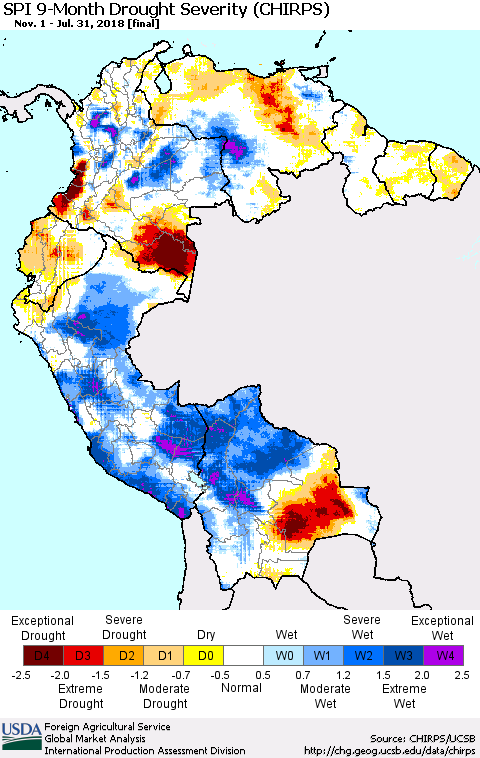 Northern South America SPI 9-Month Drought Severity (CHIRPS) Thematic Map For 11/1/2017 - 7/31/2018