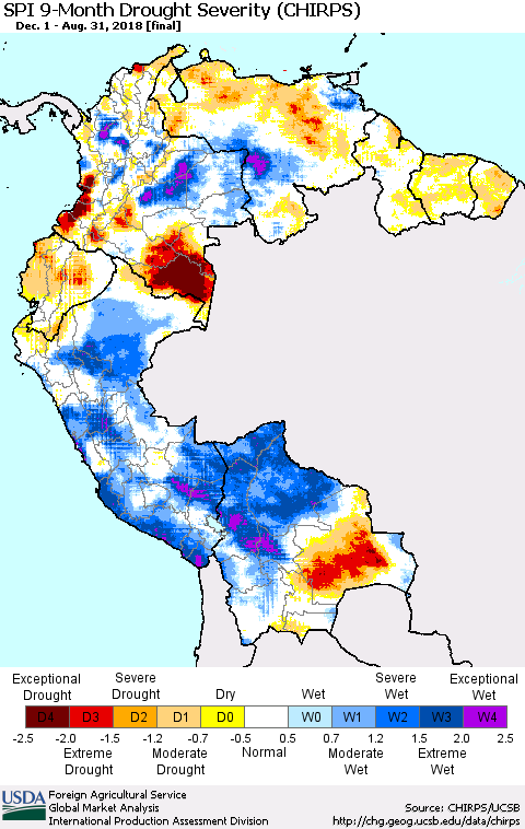 Northern South America SPI 9-Month Drought Severity (CHIRPS) Thematic Map For 12/1/2017 - 8/31/2018