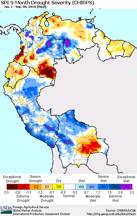 Northern South America SPI 9-Month Drought Severity (CHIRPS) Thematic Map For 1/1/2018 - 9/30/2018
