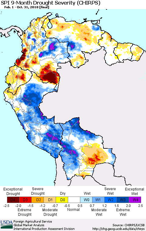 Northern South America SPI 9-Month Drought Severity (CHIRPS) Thematic Map For 2/1/2018 - 10/31/2018