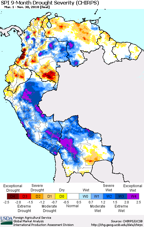 Northern South America SPI 9-Month Drought Severity (CHIRPS) Thematic Map For 3/1/2018 - 11/30/2018