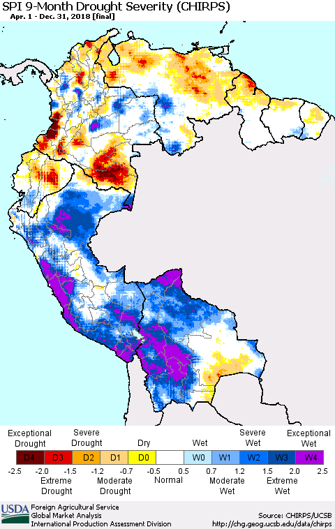 Northern South America SPI 9-Month Drought Severity (CHIRPS) Thematic Map For 4/1/2018 - 12/31/2018