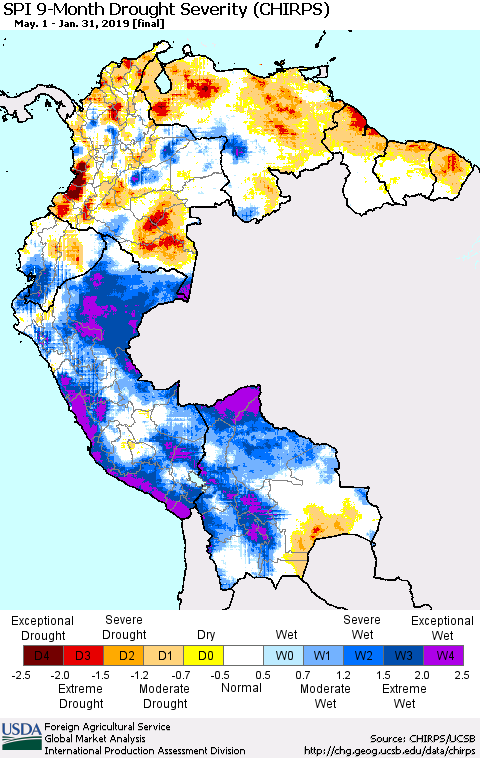 Northern South America SPI 9-Month Drought Severity (CHIRPS) Thematic Map For 5/1/2018 - 1/31/2019