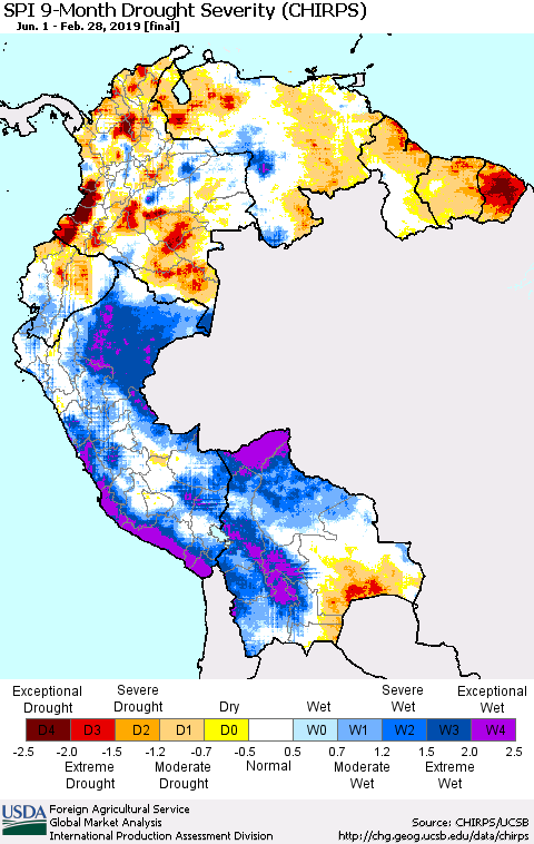 Northern South America SPI 9-Month Drought Severity (CHIRPS) Thematic Map For 6/1/2018 - 2/28/2019