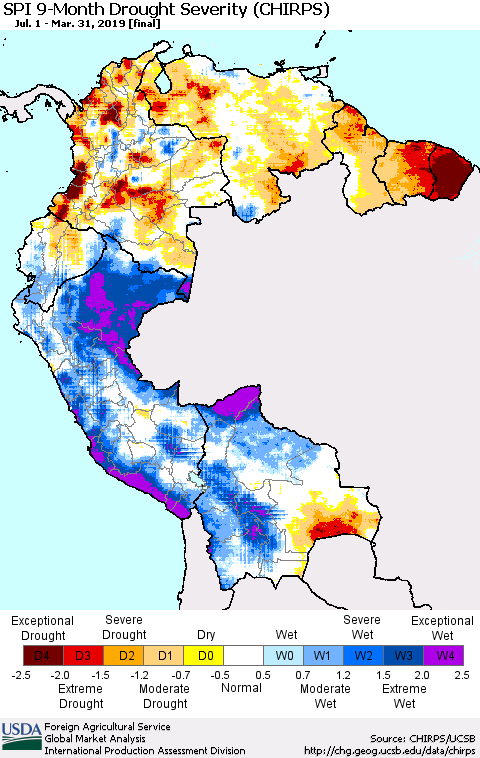 Northern South America SPI 9-Month Drought Severity (CHIRPS) Thematic Map For 7/1/2018 - 3/31/2019