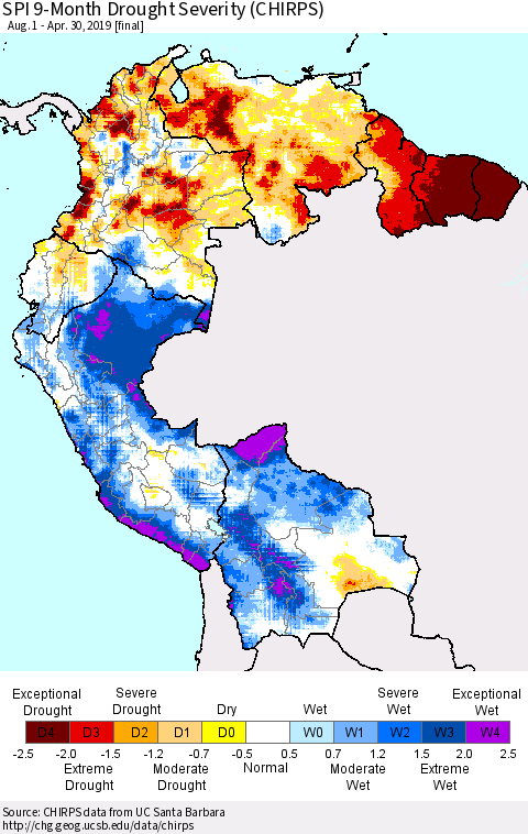 Northern South America SPI 9-Month Drought Severity (CHIRPS) Thematic Map For 8/1/2018 - 4/30/2019
