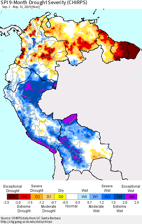 Northern South America SPI 9-Month Drought Severity (CHIRPS) Thematic Map For 9/1/2018 - 5/31/2019