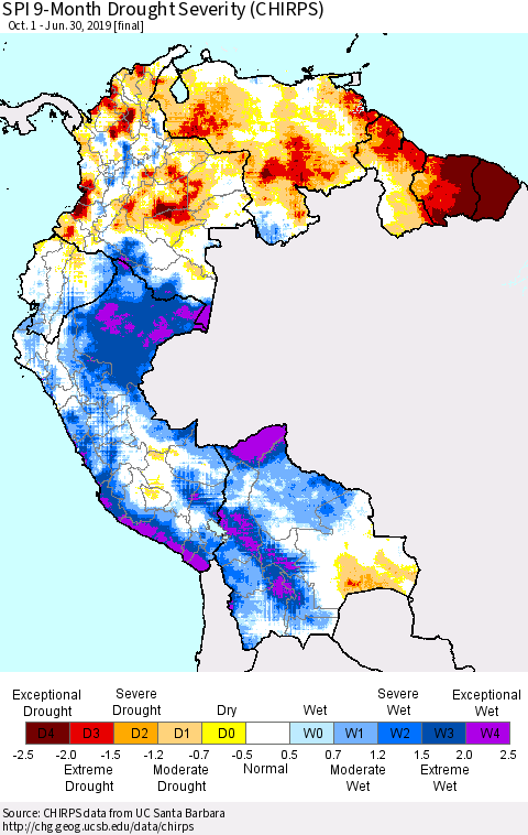 Northern South America SPI 9-Month Drought Severity (CHIRPS) Thematic Map For 10/1/2018 - 6/30/2019